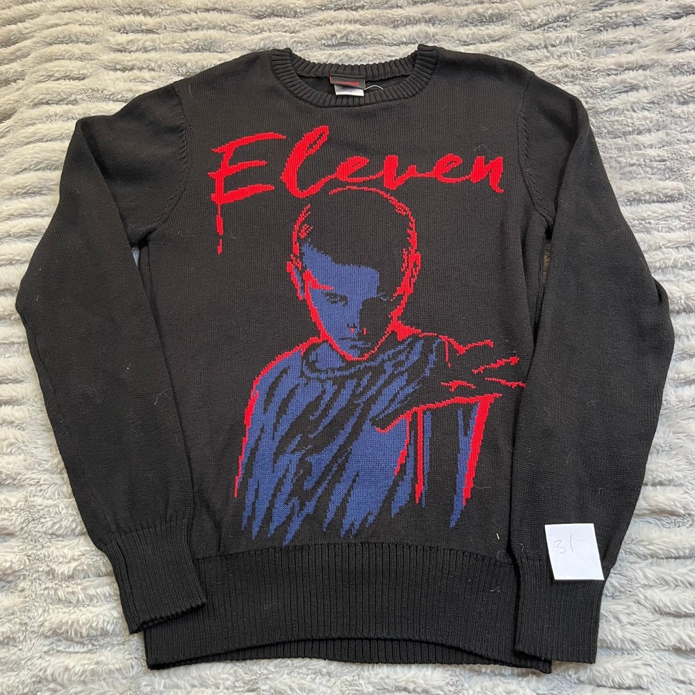 NWT Stranger Things Eleven Graphic Knit Sweater‎ Black Red Blue Small NEW
